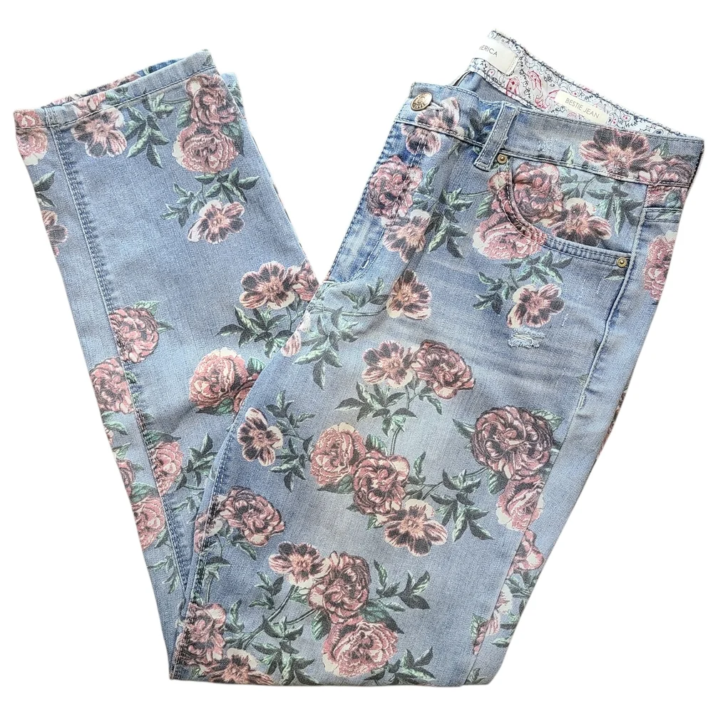 Vintage America Floral Skinny Jeans Rose Print Denim Women 10 Cottagecore Spring - Picture 6 of 11
